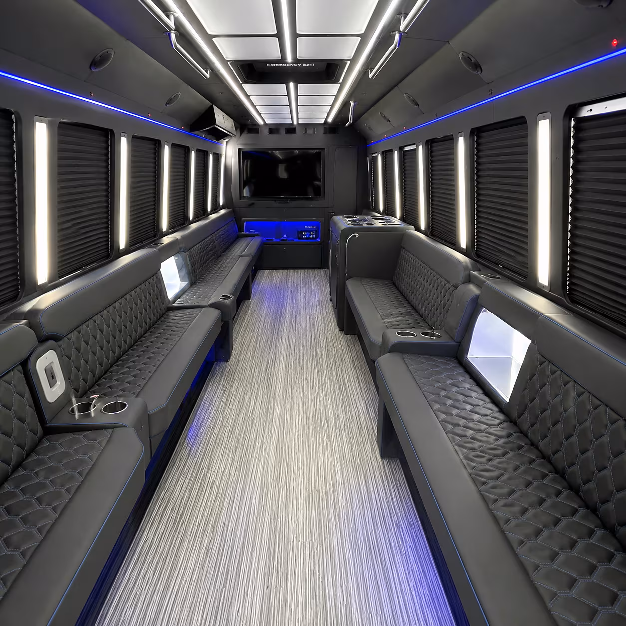 Wedding guests seated inside a party bus serving Riverside