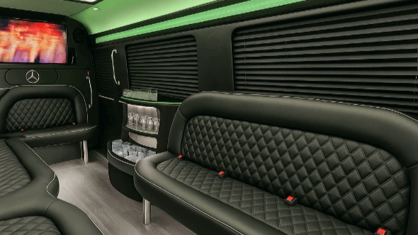 Interior of Charter Bus Company Rancho Cucamonga's 14 Passenger Sprinter Limousine in Rancho Cucamonga